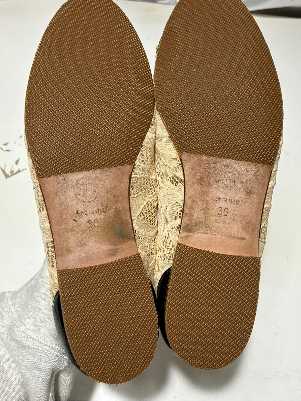 CHANEL Beige Lace Ballet Flats with Black Patent Cap Toe and Bow